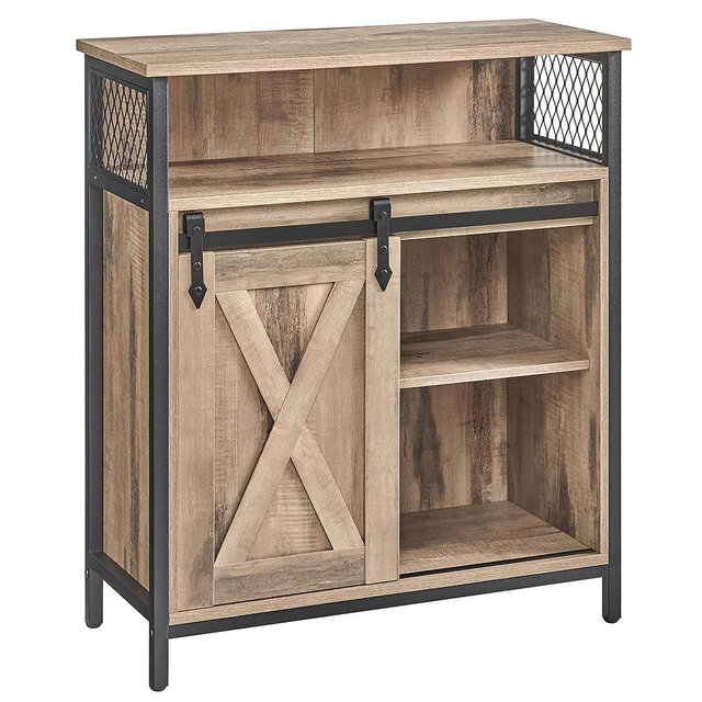 VASAGLE Buffet Cabinet, Sideboard with Open Compartment, Sliding Barn Door, 11.8"D x 27.6"W x 31.5"H, Toasted Oak and Black ULSC089B50