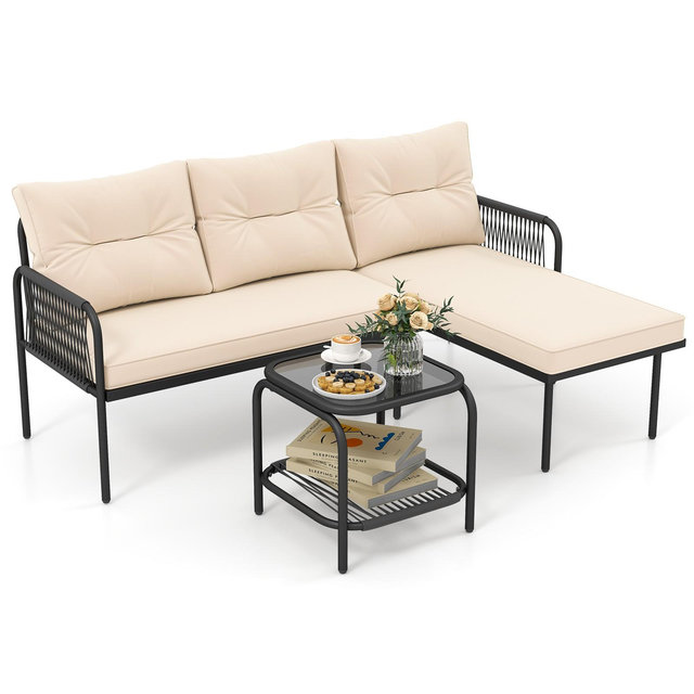 Costway 3-Piece L Shaped Patio Furniture Set w/Tempered Glass Table Back & Seat Cushions