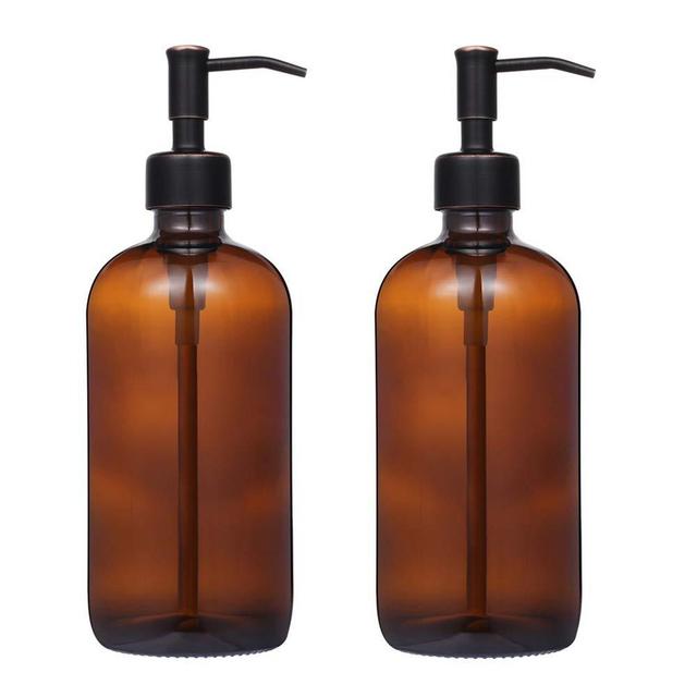 2 Pack Thick Amber Glass Pint Jar Soap Dispenser with Oil Rubbed Bronze Stainless Steel Pump, 16ounce Boston Round Bottles Dispenser with Rustproof Pump for Essential Oil, Lotion Soap