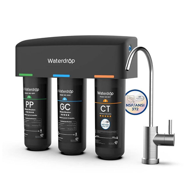 Waterdrop TSB 8 Layer High Capacity Under Sink Water Filter, Reduces PFAS, PFOA/PFOS, Fluoride, Chlorine, Bad Taste & Odor, with Dedicated Faucet, NSF/ANSI 42 Certified Element, USA Tech