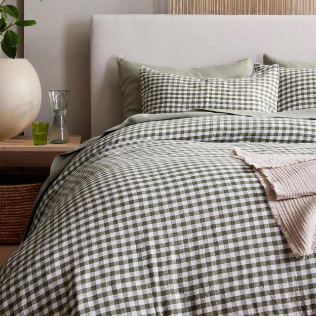 Linen Duvet Cover Set | Olive Gingham, Queen