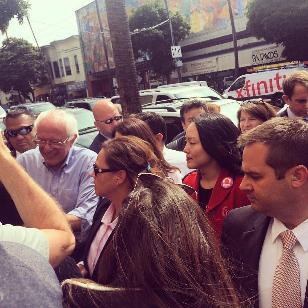 Jamie and Rocky meeting Bernie on Mission St. outside the 24th St. BART when he was on his small business walk. We know people, so we got invited.