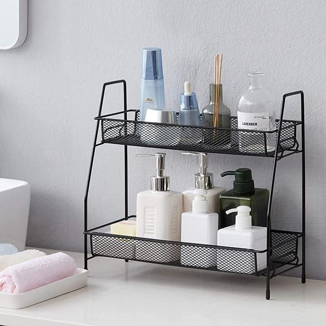EKNITEY Spice Rack Organizer for Countertop, 2 Tier Bathroom Shelf, Desktop Makeup Organizer, Small Storage Rack for Kitchen, Bath Room, Bedroom and Office (Black)