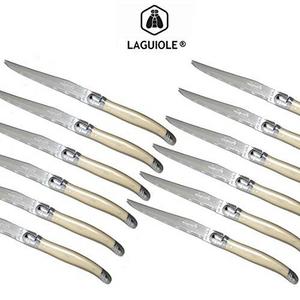 Original French Laguiole Jean Dubost - 12 Steak Knives Set - Pearl Color - Serrated Blade (Quality Colour Flatware Table Setting - Direct From France)