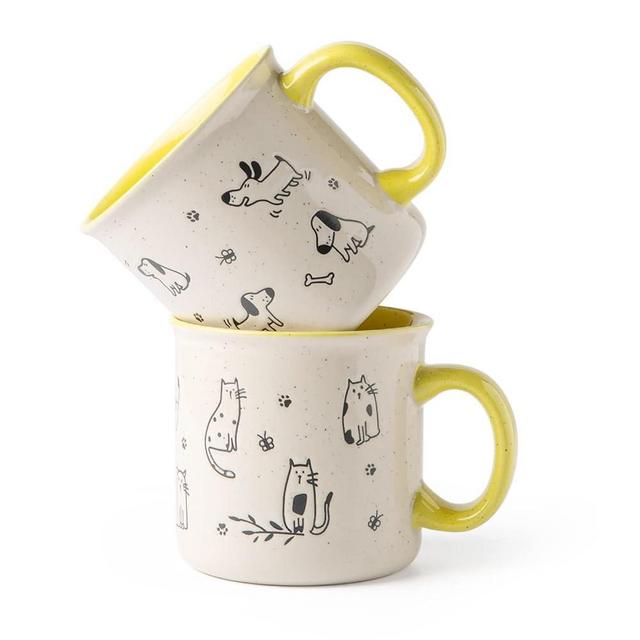 AmorArc 22 OZ Large Ceramic Coffee Mugs Set of 2, Oversized Mugs With Big Handle for Men Women Dad Mom, Big Mug With Textured Dogs Cats Patterns for Office & Home -Microwave Safe, 2 Pcs