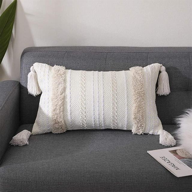 SEEKSEE Lumbar Throw Pillow Cover for Bedroom and Living Room, Boho Bohemian Hand-Woven Throw Pillow Cover, Farmhouse Throw Pillow Cover with Tassels (12 x 20 inches, Yellow Cream)