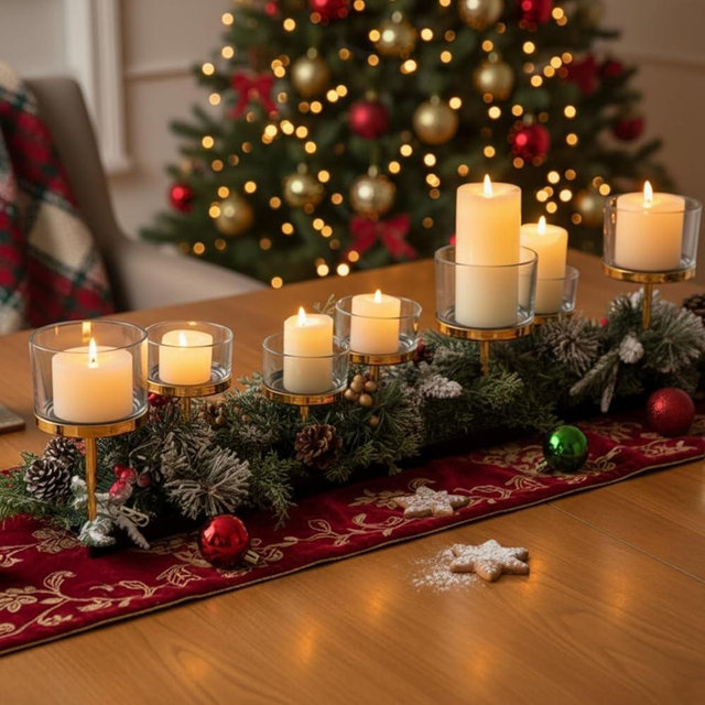 Mumufy 7 Pillar Christmas Candle Holder for Table Centerpiece, Votive Hurricane Candle Holder, 7 Tealight Holders with Metal Tray for Christmas Wedding Dining Table Decorations(Gold)