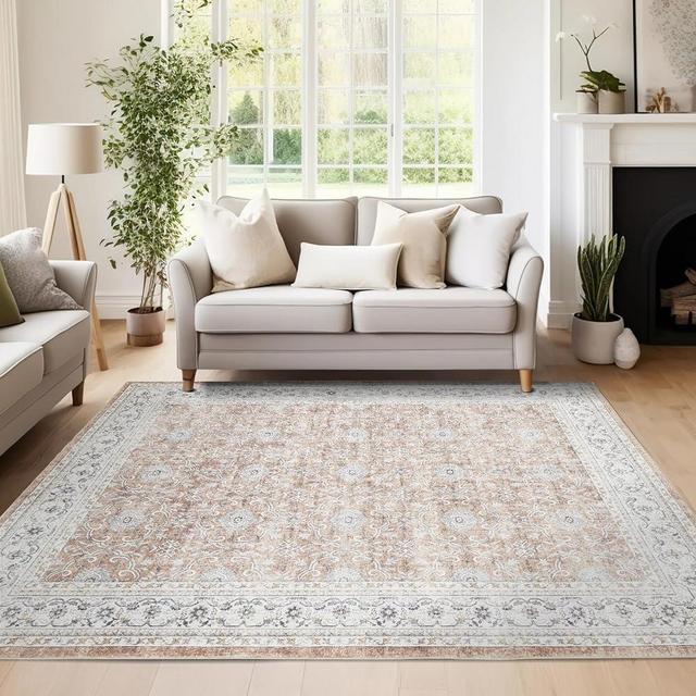 jinchan Washable Area Rug 5x7 Low Pile Faux Wool Bedroom Rug Indoor Orange Floral Print Soft Rug Stain Resistant Boho Carpet Distressed Vintage Ultra-Thin Non-Slip Rug Living Room Dining Room Kitchen