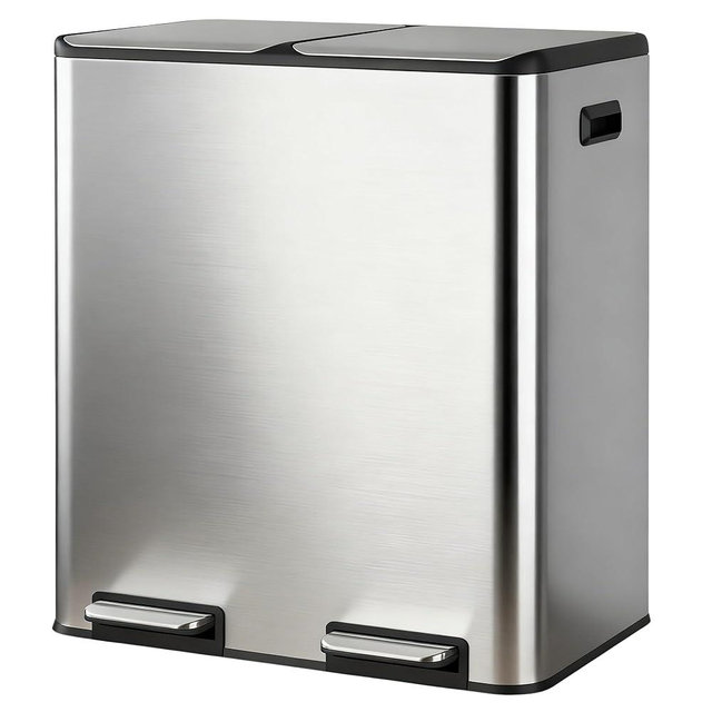 WLIVE 2 x 8 Gallon Dual Compartment Trash Can Stainless Steel, Pet-Proof Double Garbage Can Kitchen with Lid, Inner Buckets and Deodorizing Filter Box, Trash and Recycle Bin Combo, Silver