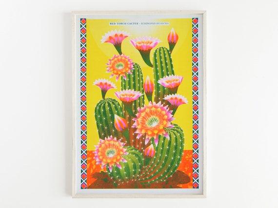 Red Torch Cactus Print, Risograph