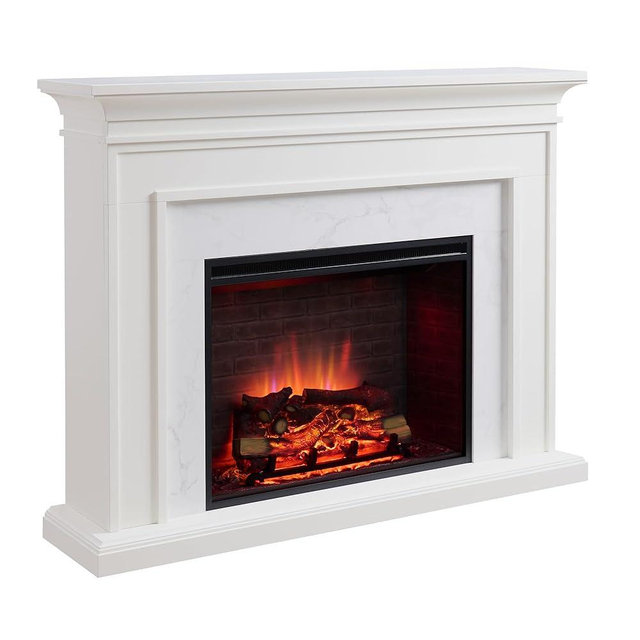 PuraFlame Fireplace Suite, 60 Inch Mantel Surround, Cream White with Light Grey Marble Veneer, with Western 33” Electric Fireplace Insert, 750W/1500W, Adjustable Flame, Remote