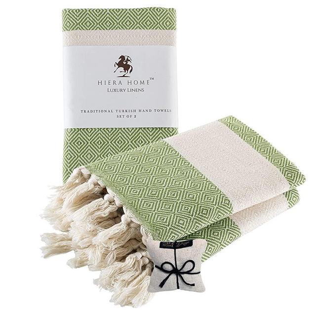 Hiera Home Boho Turkish Hand Towels for Bathroom and Kitchen Set of 2 | 100% Cotton Decorative Dish Towels | Farmhouse Towels for Hands, Hair and Face (19x39 inches, Light Green)