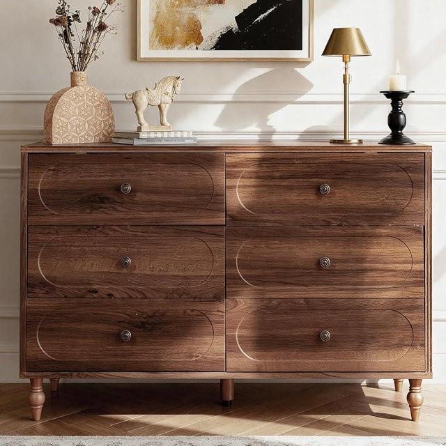 BERRY NEST 6 Drawer Dresser for Bedroom, 47" Wide Mid-Century Modern Wood Dresser with Solid Wood Legs, Dark Walnut Chest of Drawers with 6 Storage Drawers for Bedroom, Living Room, TV Stand