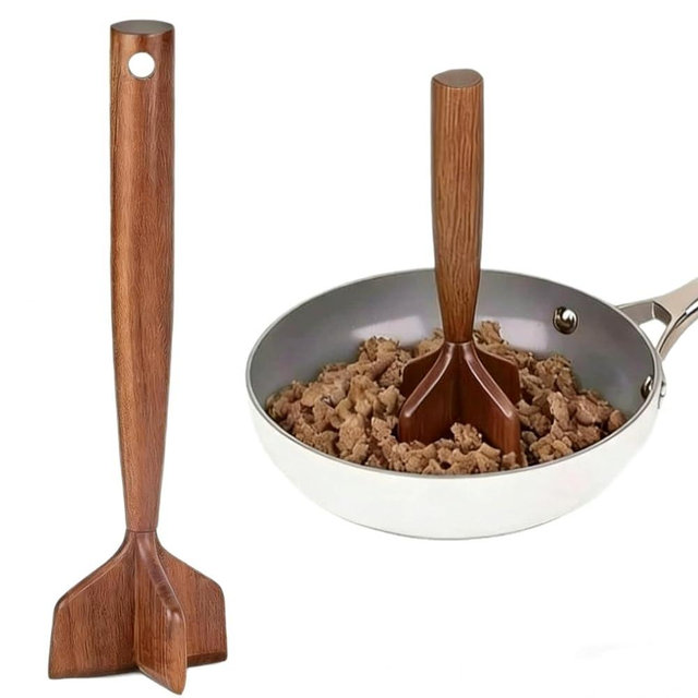 Teak Wooden Meat Masher,Ground Meat Chopper,Hamburger Masher,Potato and Bean Masher,Chicken and Beef Shredder Kitchen Utensil,Multi-Use Wood Meat Separator and Durable Kitchen Tool.
