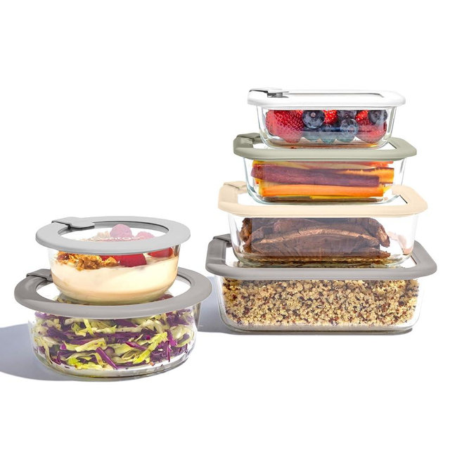 Bentgo Signature Leak-Proof Glass Food Storage - 12-Piece Set, 1-Compartment Plastic-Free Containers with Airtight Glass Lids, BPA-Free, Microwave, Freezer, Oven & Dishwasher Safe (White Stone)