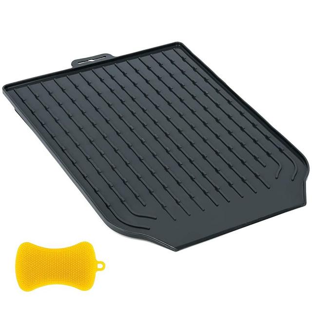 Silicone Dish Drying Mats for Kitchen Counter Dish Drainer Mat with Slope Design to Drain Water, Non-Slip Grooves, Hygienic Drying Pad Ultra-Thick Heat Resistant Eco-Friendly 15.8 x 11.8 inch, Gray