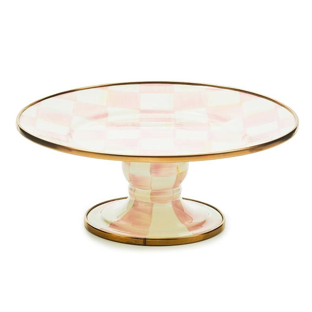MACKENZIE-CHILDS Enamel Pedestal Platter, Round Cake Stand, Mini, Pink-and-White Rosy Check