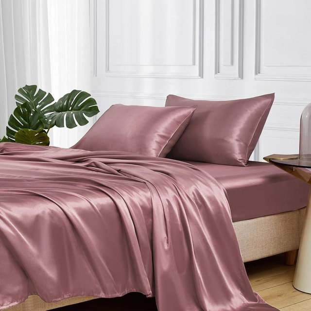 MR&HM Satin Bed Sheets, King Size Sheets Set, 4 Pcs Silky Bedding Set with 15 Inches Deep Pocket for Mattress (King, Rose Taupe)