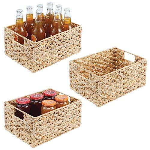 mDesign Water Hyacinth Braided Weave Pantry Basket Storage Organizer Bin for Kitchen, Pantry, Cabinet - Narrow for Snacks, Produce, Vegetables, Pasta - Food Safe - 3 Pack - Natural