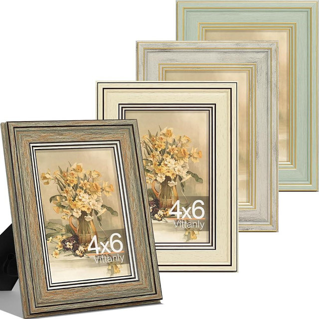 Vittanly 4x6 Picture Frame Set of 4, Vintage Photo Frame for Wall or Tabletop, Display 4x6 Pictures, Rustic Farmhouse Home Decor, Multicolour