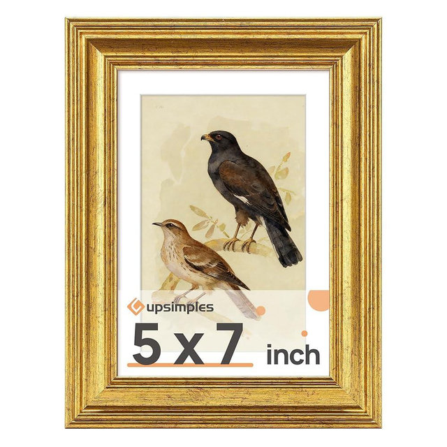upsimples Vintage 5x7 Picture Frame, Antique Gold Frame Displays 4x6 with Mat or 5 x 7 Without for Wall or Tabletop Decor, 1pack