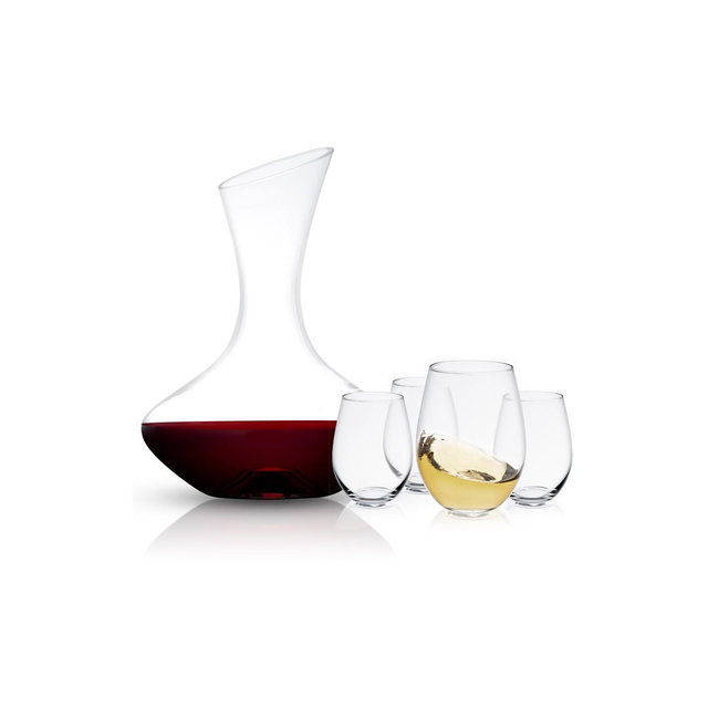 JoyJolt Lancia Crystal 40 oz Wine Decanter & 15 oz. Stemless Wine Glasses Set
