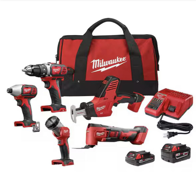 Milwaukee M18 18V Lithium-Ion Cordless Combo Kit (5-Tool) with (2) Batteries, Charger and Tool Bag 2694-25