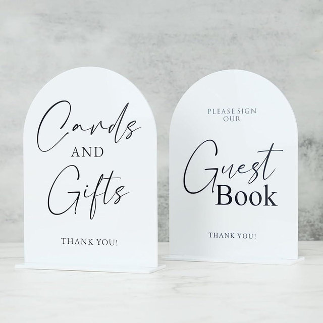 Set of 2 White Acrylic Wedding Signs, 5"x7" White Arch Acrylic Table Sign and Base, Modern Font TableTop Reception Sign for Wedding & Party Event