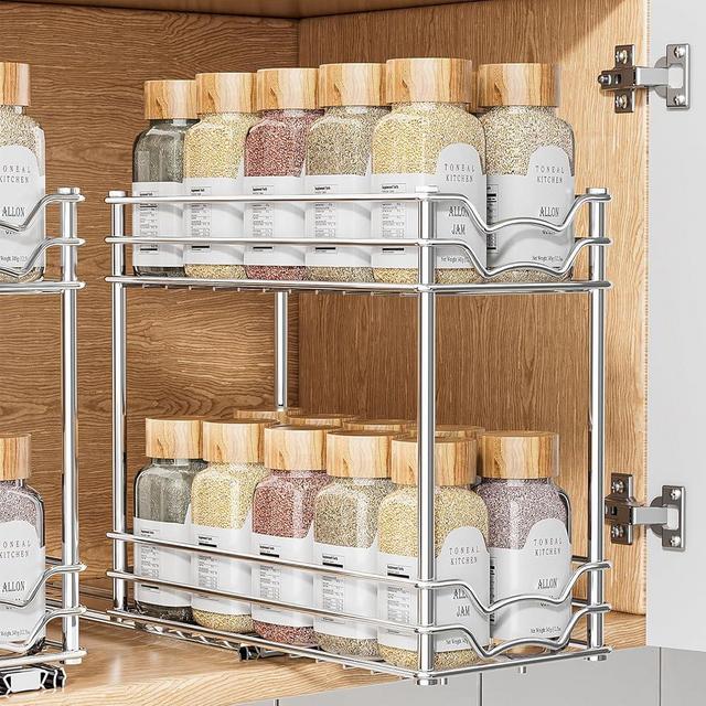 PanPanPal Pull Out Spice Rack Organizer for Inside Cabinet, Slide Out Chrome Spice Organization for Cabinet, Easy to Install Seasoning Organizer for Kitchen Organizers and Storage