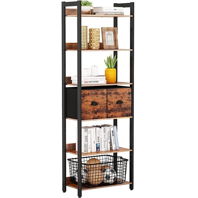 Furologee 6-Tier Bookshelf, Tall Rustic Bookcase with 2 Drawers Storage Organizer, Industrial Display Free Standing Shelf Units, Wood and Metal Storage Rack for Home Office, Bedroom, Rustic Brown
