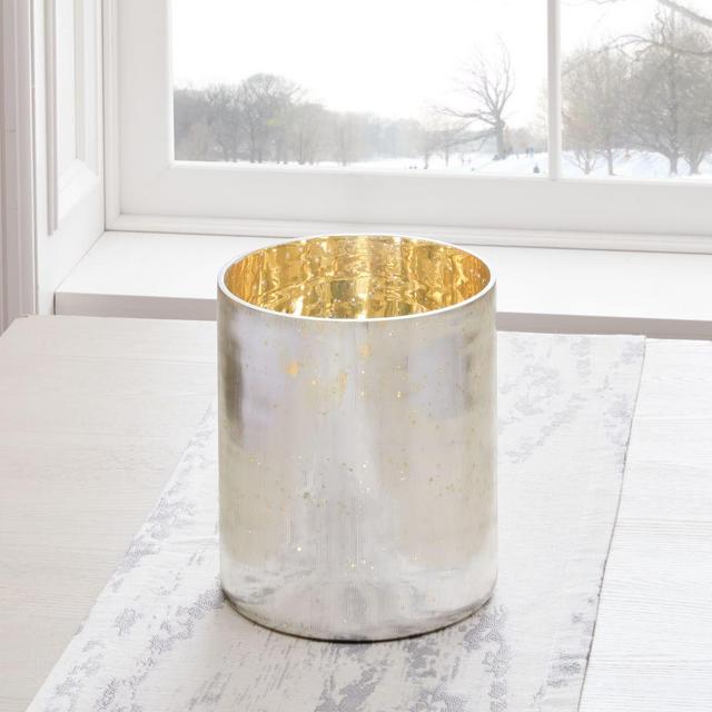 Etched Glass Cylinder Hurricanes, Medium, Antique Silver