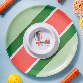 League Pickle Ball Striped Melamine Chip-n-Dip, Set of 2