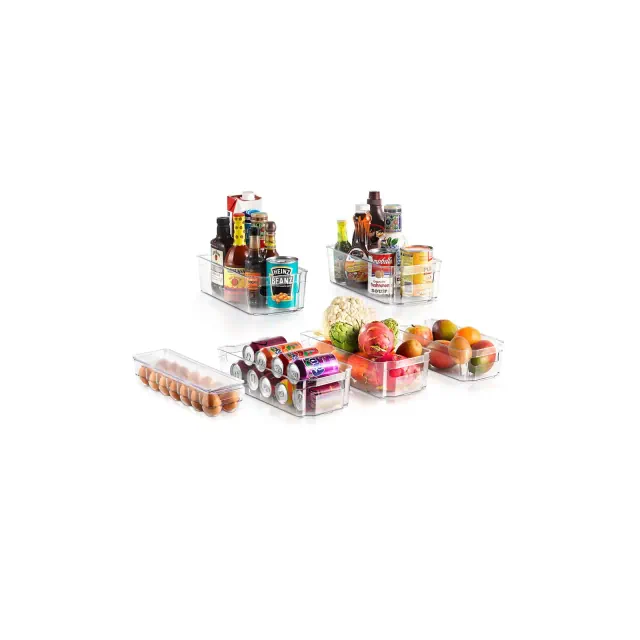NutriChef Set of 6 Refrigerator Organizer Bins - Stackable Clear Plastic Bin with Handles