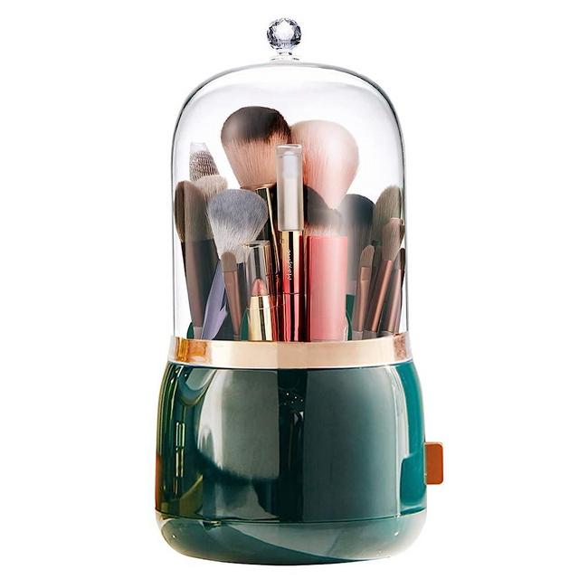 DEEIF Makeup Brush Holder Organizer Smooth Rotating Dustproof Makeup Brush Holder with Lid Cosmetic Brushes Holder for Vanity (Dark Green)