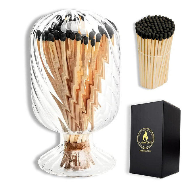 Includes Matches! | Helix Spiral Shaped Glass Matches Cloche | Spiral Decorative Match Holder Jar for Candles Set Display