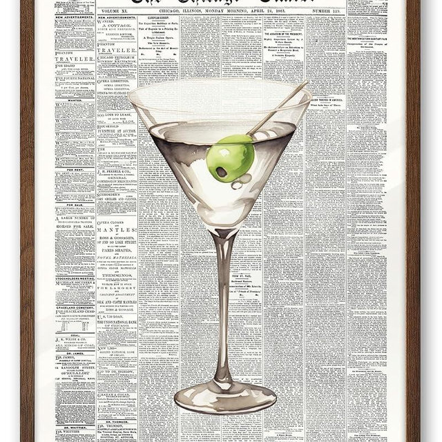 EcoHest Trendy Newspaper Martini Framed Wall Art, 12x16 in Walnut Color OAK Wood Retro Bar Cart Canvas Art, Magazine Aesthetic Apartment Art, Funky 70's Set of 1 for Bedroom Living Room