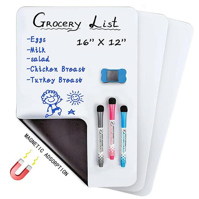 3Pcs 12” X 8” Whiteboard Magnetic Dry Wipe Board Self Adhesive for Any Smooth Surface with New Stain Resistant Technology,Home Kitchen Fridge Shopping List and Office Notice Board (3Pcs 12” X 8”)