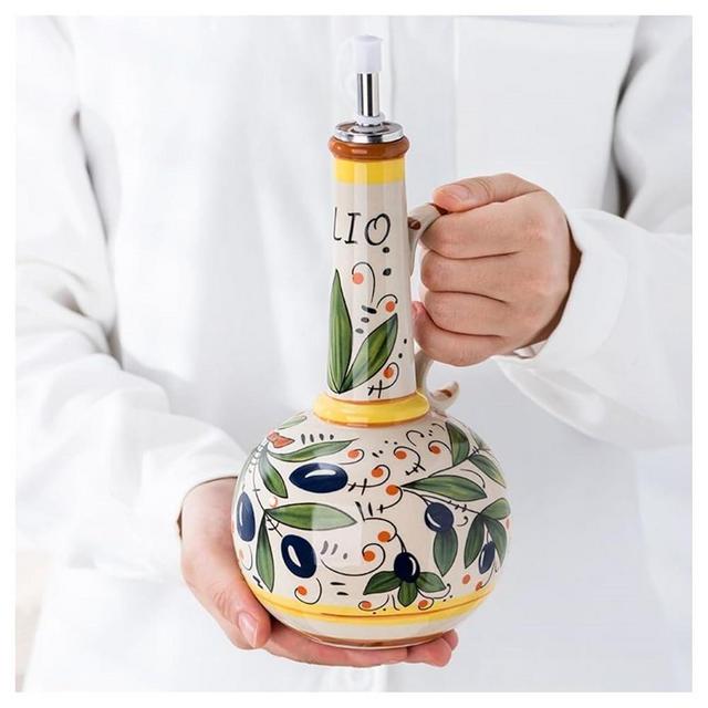 Ceramic Olive Oil Dispenser Bottle 23oz, Hand Painted Olive Oil Bottles, Decorative Stoneware Olive Oil Cruet for Kitchen with Stainless Steel Spout for Oils, Sauces, Vinegar