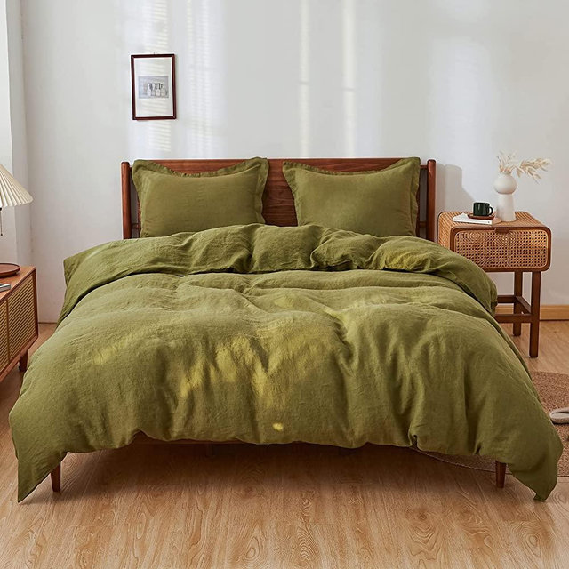 Simple&Opulence 100% Linen Duvet Cover Set with Washed-French Flax-3 Pieces Solid Color Basic Style Bedding Set-Breathable Soft Comforter Cover with 2 Pillowshams (Olive Green, Queen)