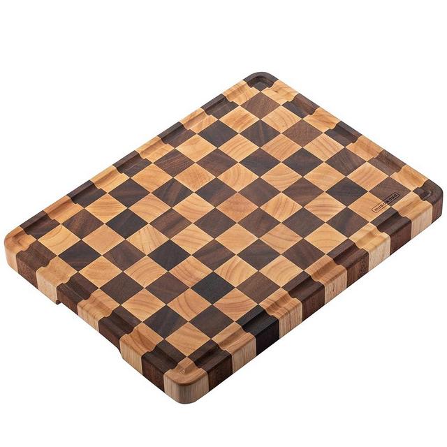 Muso Wood Large End Grain Cutting Borad 16x12 In, Checkered Cutting Board with Feet, Made from Acacia and Rubberwood, Chopping Board For Kitchen with Juice Groove Handles
