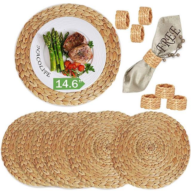 NACOLIFE Woven Placemats - Wicker Placemats - Round Placemats for Dining Table - Woven Chargers for Dinner Plates - Water Hyacinth for Round Tables (14.6" Set 6+Napkin Rings)