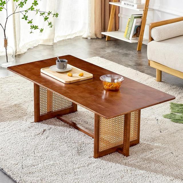 LKTART Modern Imitation Rattan Coffee Table Rectangular Solid Wood Table Top Cross Table Legs for Living Room Bedroom Office