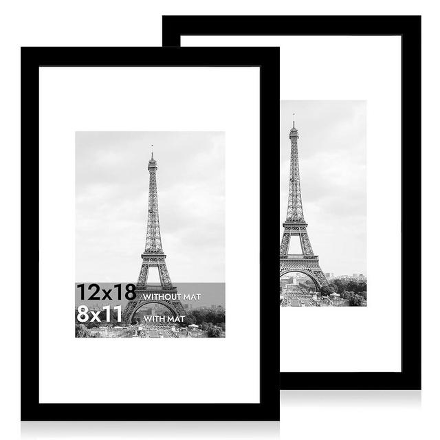 iRahmen 12x18 Picture Frame Set of 2 with Plexiglass, Black Poster Frame Display 8x11 Picture with Mat or 12 x 18 Without Mat, Wood Photo Frame for Horizontal or Vertical Wall Mounting