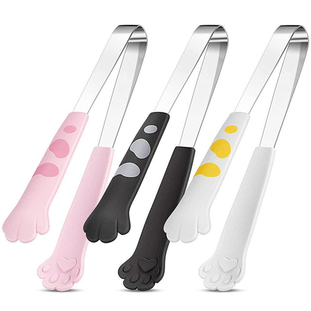 Patelai Cat Tongs 7 Inch Food Clips Kitchen Tongs Cat Paw Shape Tongs Stainless Steel Cooking Tongs for BBQ Cooking Grilling Sweets, Sugar (3, Pink, White, Black), one size