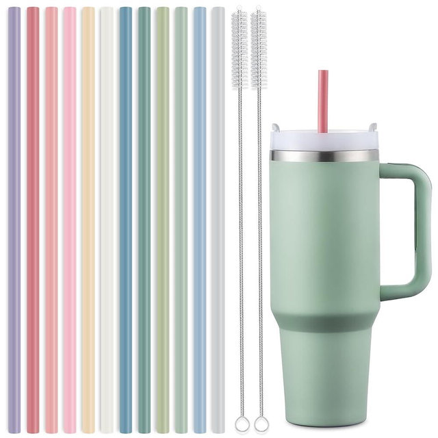 12-Pack Silicone Reusable Straws for Stanley 40 oz 30 oz Cup Tumbler, 12.2 inch Long Replacement Straws with 2 Cleaning Brushes