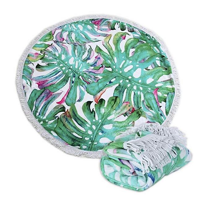 Polly House Large Round Picnic Mat Beach Towel Blanket with Tassels Ultra Soft Super Water Absorbent Towel 59 inch Across Multifunctional Purposes Blanket (Sc021)