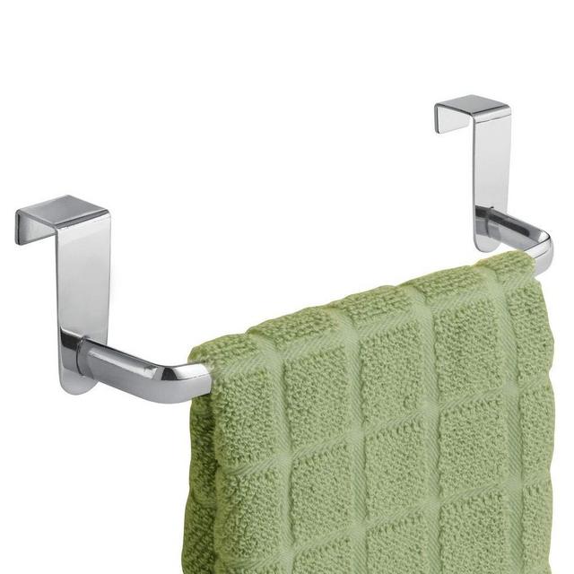 mDesign Modern Kitchen Over Cabinet Strong Steel Towel Bar Rack - Hang on Inside or Outside of Doors - Storage and Organization for Hand, Dish, Tea Towels - 9.75" Wide - Chrome