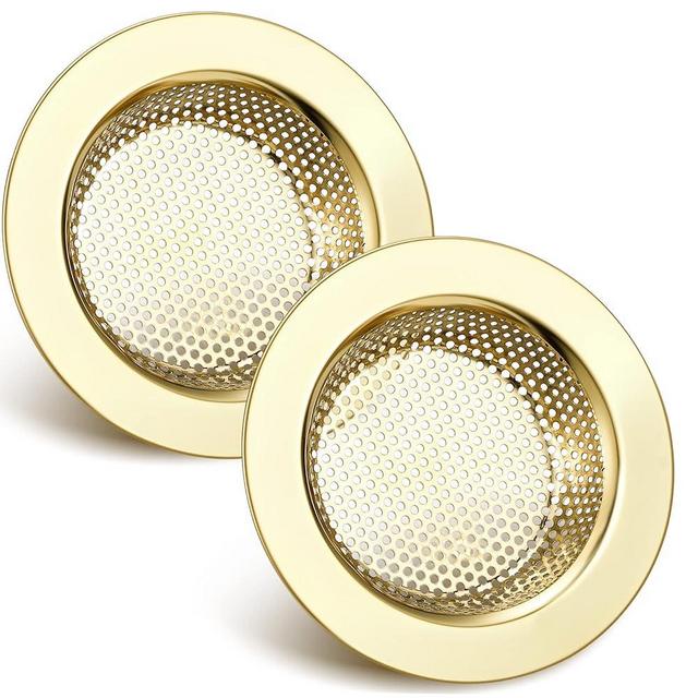 2 Pcs Sink Strainer Stainless Steel Sink Drain Basket Cover Mesh Metal Food Catcher Kitchen Sink Accessories for Hair Garbage, Large Wide Rim of 4.4 Diameter (Gold,2mm Dia Hole Style)