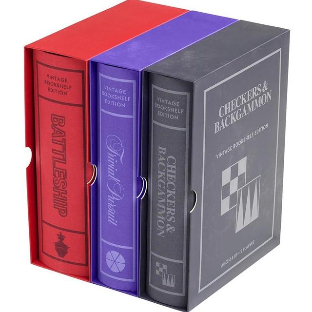 WS Game Company Battleship, Checkers and Backgammon, and Trivial Pursuit Vintage Board Game Bookshelf Collection