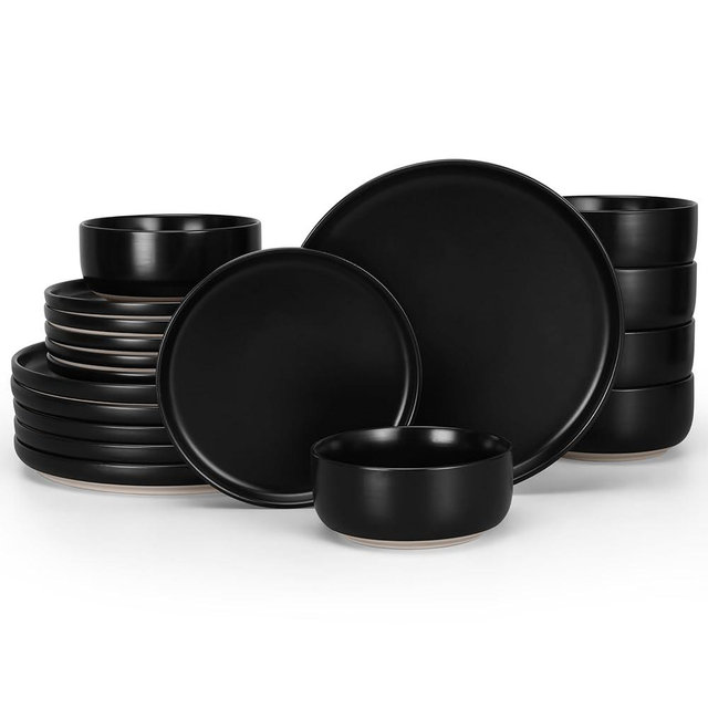HaWare Stoneware Dinnerware Sets, 18-Piece Plates and Bowls Set for 6, Dishes Set for Home Restaurant, Frosting Black